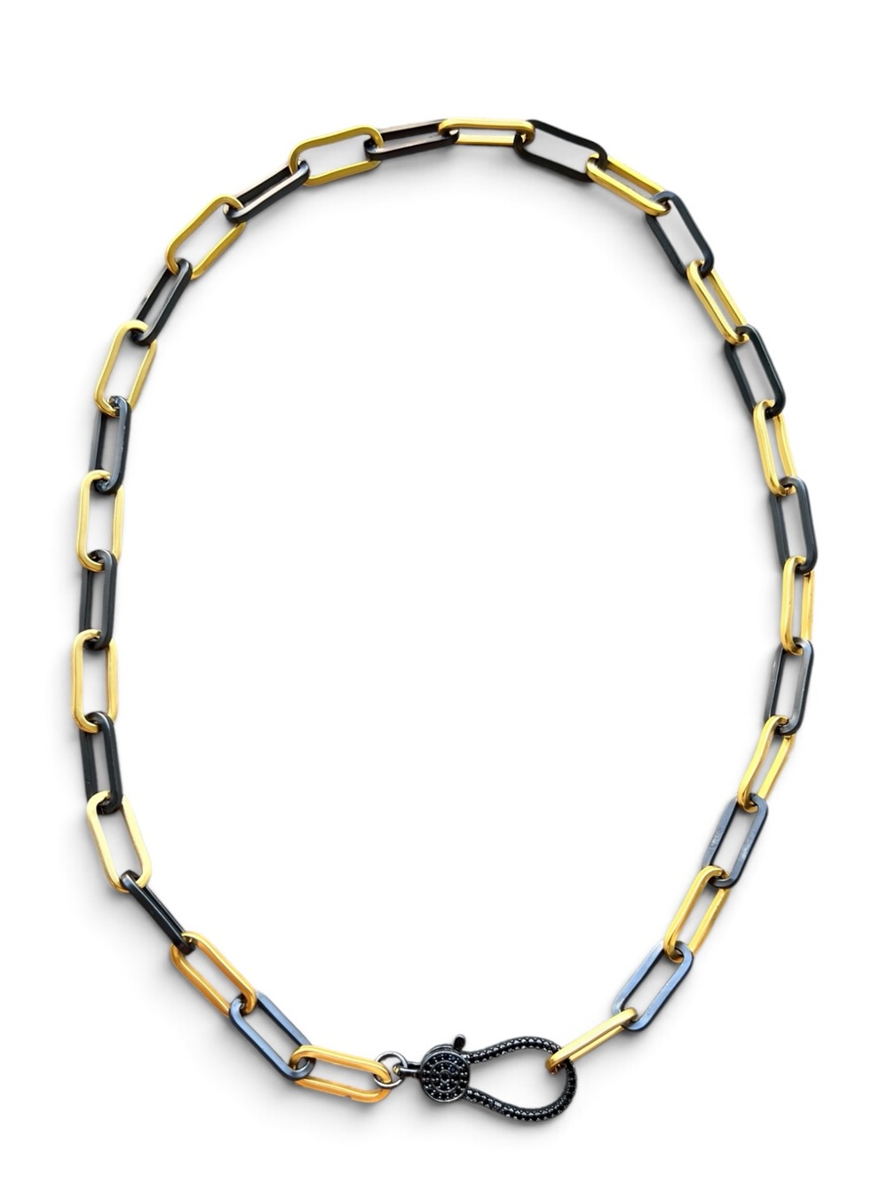 Freida Rothman Vault Gold and Black Paper Clip Link Carabiner Necklace
